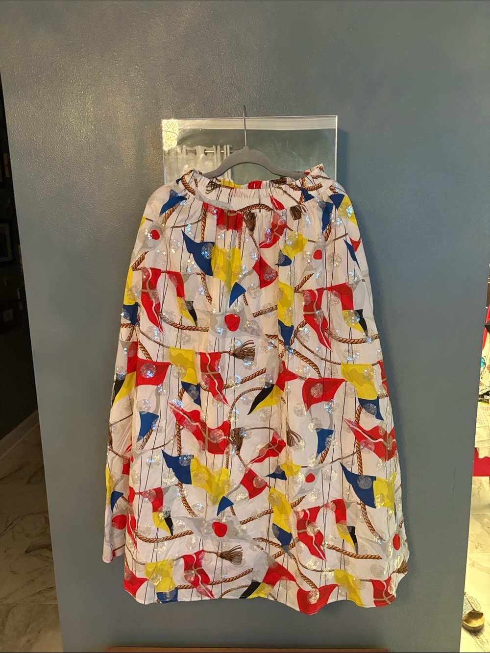 QUEEN OF SPARKLES White A-Line Skirt with Red, Blue & Yellow Abstract Print